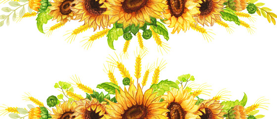 Watercolor frame sunflower autumn.Watercolor sunflowers wooden signboard , hand drawn floral illustration Card with space for text wedding, invitation, template card Golden frames and baskets.