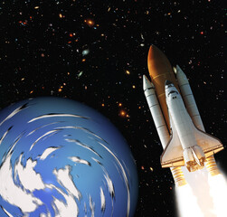 Rocket and earth. Galaxy and stars. The elements of this image furnished by NASA.