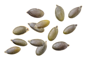 Pumpkin seeds fly close-up on a white. Isolated