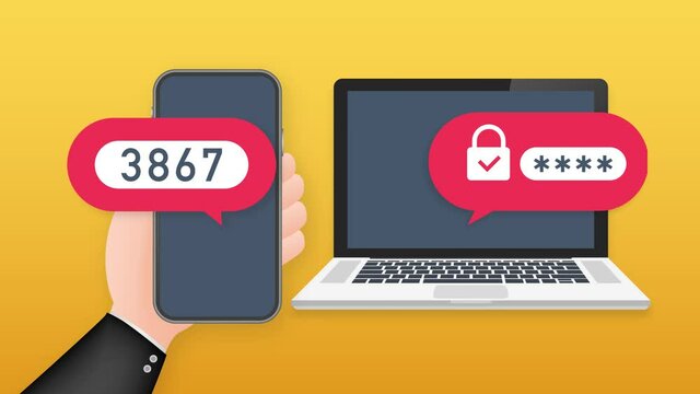 Two step authentication illustration, flat cartoon smartphone and computer safety login or signin. Motion graphics