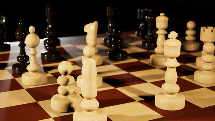 Chess pieces on checker board, strategy concept