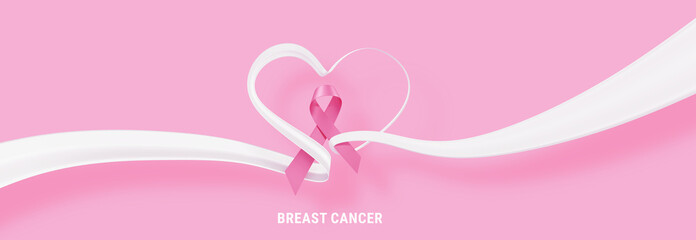 3d illustration of Pink Breast Cancer Awareness Realistic Ribbon with Loop and White Heart Ribbon on Pink Color Background. Symbol of Breast Cancer Awareness Month Campaign