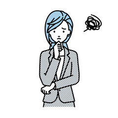 立って手をあごにあてて困っているスーツの女性