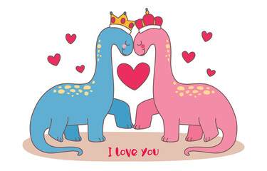 Cute King And Queen Dinosaur With Crown Are Falling In Love