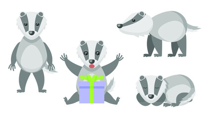 Set Abstract Collection Flat Cartoon 
Different Animal Badger Stand, Sleeping, Surprised By The Gift Vector Design Style Elements Fauna Wildlife