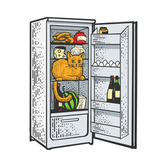 cat in the fridge with food color sketch engraving vector illustration. T-shirt apparel print design. Scratch board imitation. Black and white hand drawn image.