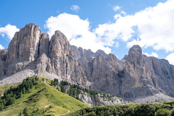 Obraz premium Alta Badia (Dolomiti) - August: Beautiful summer mountain view of Passo Sella and high peak Sassopiatto and Sassolungo, Langkofel, Dolomiti, Sella group. Green meadows and pastures, alpine dolomites