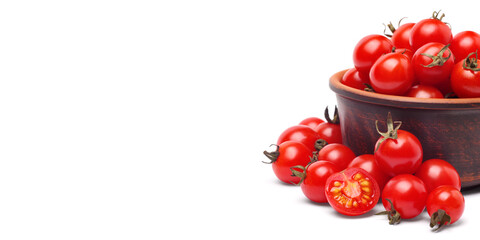 Group of cherry tomatoes and brown bowl on white background, selective focus, copy space.
