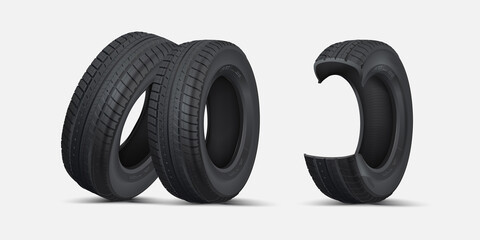 Cross section of the tire. Collection of highly detailed tires. Set of 3 wheels.