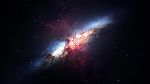 Space Flight outer space exploration travel to The Small Magnificent starburst galaxy M82 Cloud. 4K 3D loop space exploration to he Small Magnificent starburst galaxy M82 . Furnished by NASA image.

