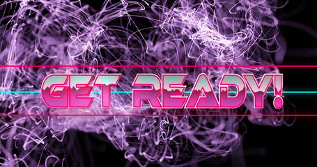Image of get ready text in pink metallic letters over explosion of purple light trails