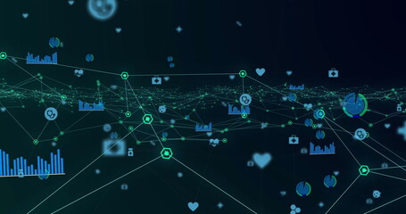 Digital image of network of green glowing digital icons moving against blue background