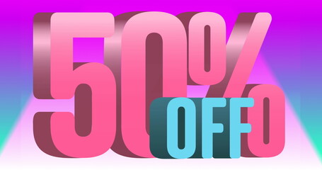 Image of 50 percent off text on vibrant triangles in background