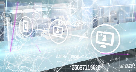 Image of numbers changing, icons, scopes scanning and data processing over cityscape