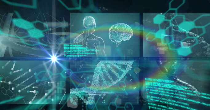Image of dna strand and medical data processing on screens