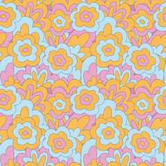 groove seamless pattern in 70s style - flowers, leaves, waves, shapes.A faded palette of hippie music festivals.Old textile with botanical ornament.Indie kid and summer of love.Autumn warm cottagecore