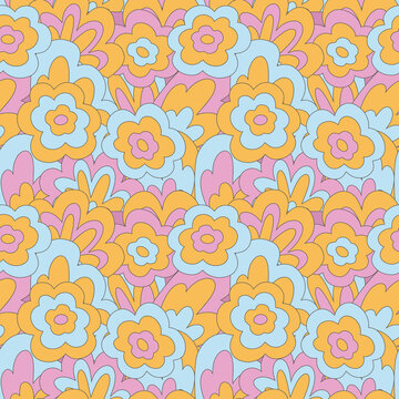 groove seamless pattern in 70s style - flowers, leaves, waves, shapes.A faded palette of hippie music festivals.Old textile with botanical ornament.Indie kid and summer of love.Autumn warm cottagecore