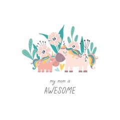 Cute hand drawn unicorns. Mom and baby with floral background. Cartoon vector illustration in Scandinavian style