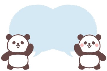 片手をあげて喜ぶ双子の子供パンダと吹き出し