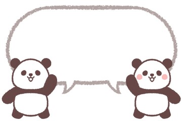 片手をあげて喜ぶ双子の子供パンダと線画吹き出し