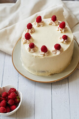 Chocolate raspberry cake with raspberry cheesecake layer. Decorated with berries. Side view