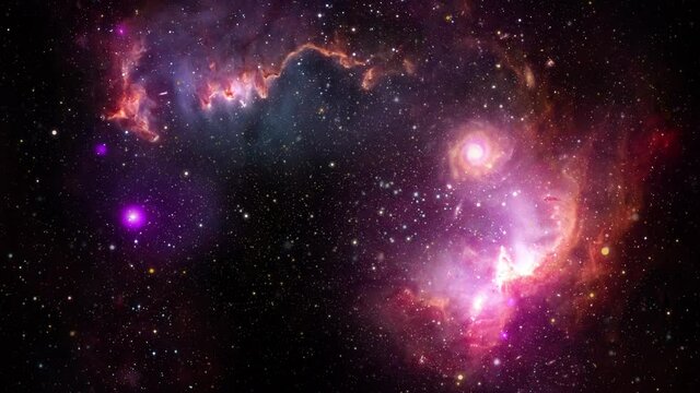 Loop Space Flight deep space exploration travel to The Small Magellanic Cloud or Nubecula Minor. 4K 3D loop space exploration to The Small Magellanic Cloud dwarf galaxy. Furnished by NASA image.
