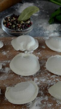 Rows of frozen raw pelmeni dumplings stuffed with mince meat on cutting board. Delicious traditional handmade food on domestic kitchen. Asian and russian cuisine. Vertical video.