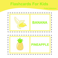 Vector set of fruit collections flashcard. Educational printable flashcards. Vector poster for Preschool Education. 