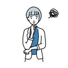 立って手をあごにあてて困っているジャケットの女性