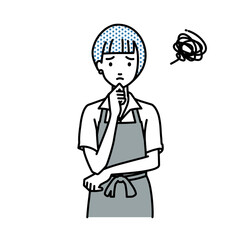 立って手をあごにあてて困っているカフェ店員の女性