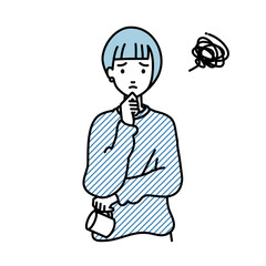 立って手をあごにあてて困っているリモートワークの女性