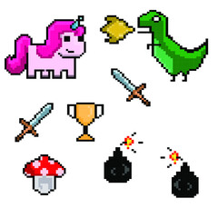 Collection of pixel objects used in games, sword, bomb and explosion, dinosaur and unicorn vector illustration