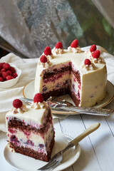 Chocolate raspberry cake with raspberry cheesecake layer. Decorated with berries. Side view