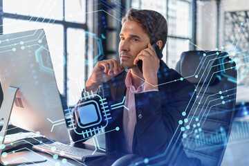 Businessman in suit has conference call to optimize development by implying new technologies in...