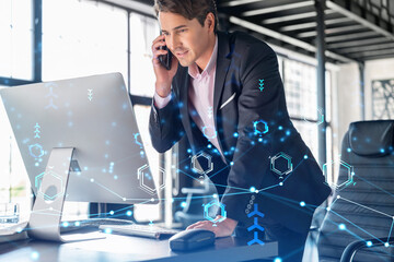 Businessman in suit has conference call to optimize development by implying new technologies in...