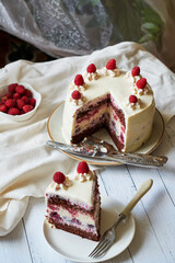 Chocolate raspberry cake with raspberry cheesecake layer. Decorated with berries. Side view