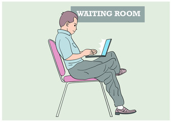 Man entrepreneur in a suit working on a laptop computer at waiting room. Hand drawn style vector design illustrations.