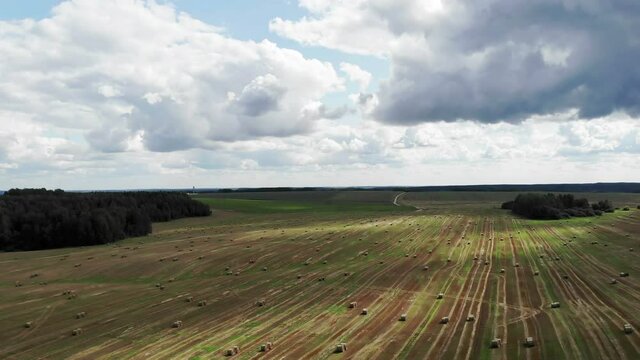 flying over haystacks round field hay aerial view, beatiful landscape
