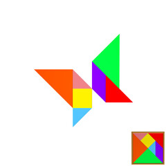 Colorful tangram puzzle with butterfly on white background，3D Rendering
