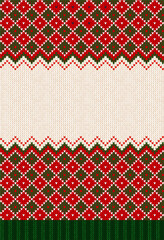 Ugly sweater Christmas party invite. Knitted background pattern scandinavian ornaments.