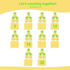 Counting pineapple for children. Fruit Counting Math Worksheet. Counting in 3s. Math Worksheet for Preschool. Educational printable math worksheet. Preschool Education. Vector illustration.