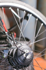 Fototapeta na wymiar electric bicycle wheel motor with connector