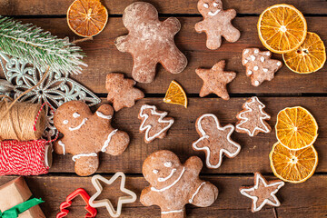 gingerbread christmas cookies sweet new year treat dessert gingerbread man cinnamon, vanilla fresh portion ready to eat meal snack on the table copy space food background rustic. top view