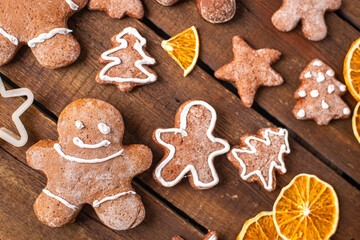 gingerbread christmas cookies sweet new year treat dessert gingerbread man cinnamon, vanilla fresh portion ready to eat meal snack on the table copy space food background rustic. top view