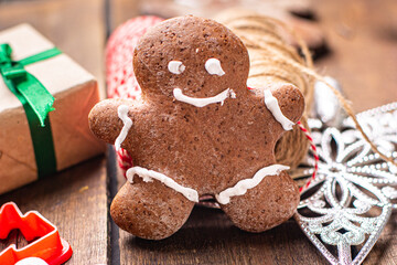 gingerbread christmas cookies sweet new year treat dessert gingerbread man cinnamon, vanilla fresh portion ready to eat meal snack on the table copy space food background rustic. top view