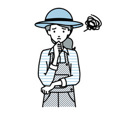 立って手をあごにあてて困っている農家の女性