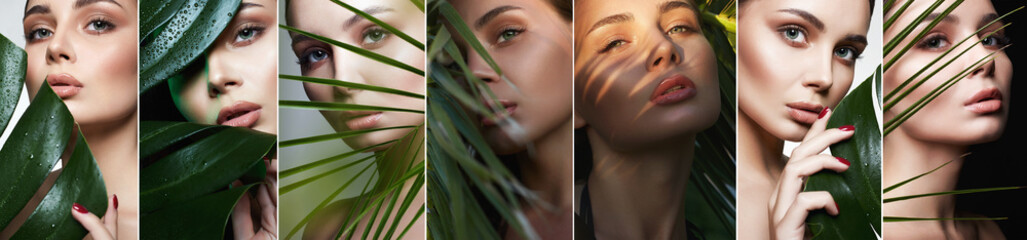Beauty collage of brunette girls in palm leaves. Beautiful young woman with Make-up