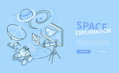 Space exploration - line design style isometric web banner