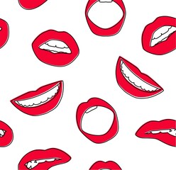 Vector seamless pattern, female lips with red lipstick