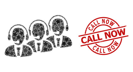 Call center staff star pattern and grunge Call Now seal stamp. Red stamp with unclean surface and Call Now caption inside circle.